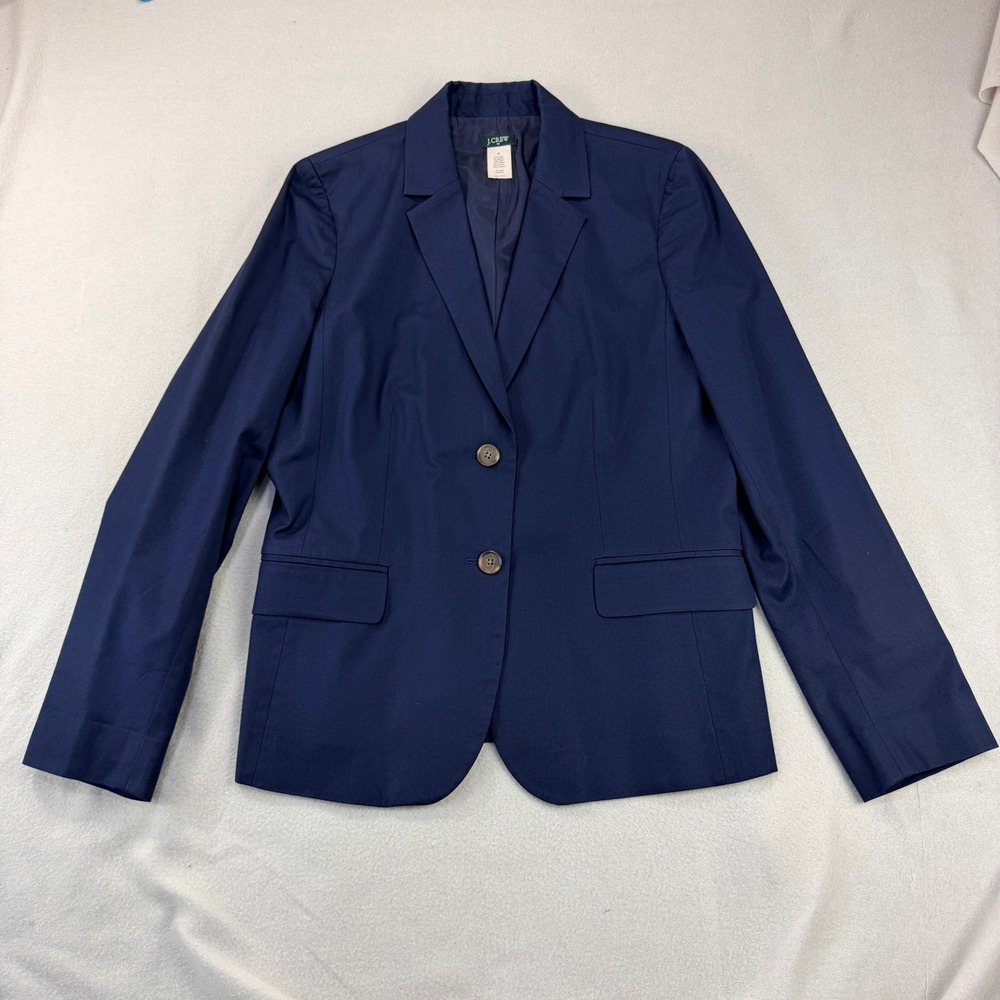 J. Crew Womens Sz 12 Classic Navy Blue Cotton 2-Button Blazer Jacket Herringbone
